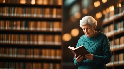 Engaged senior woman reads captivating book in cozy library, symbolizing lifelong learning, wisdom, and intellectual growth in peaceful environment.