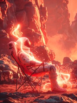Astronaut Relaxing on a Chair in a Vibrant Alien Landscape at Sunset