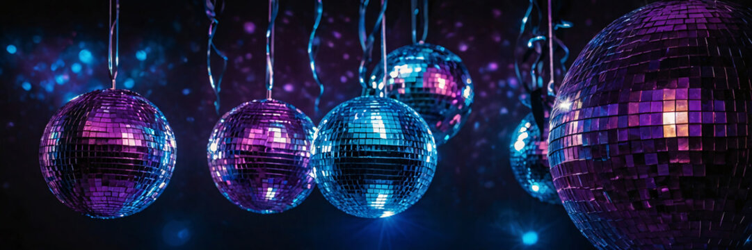 A collection of shimmering disco balls in vibrant purple and turquoise hues, reflecting colorful bokeh lights, creating a festive party atmosphere
