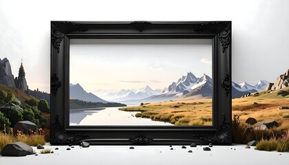 Fototapeta premium Elegant black frame showcasing serene mountain vista, grassy foreground