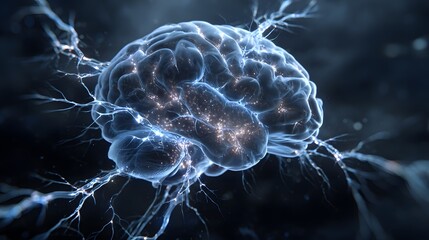 A luminous brain with active neural pathways pulses with electric energy.