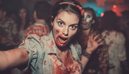 Happy woman at halloween party dressed as zombie