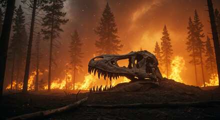 Dinosaur skull in burning forest with wildfire and smoke t-rex fossil