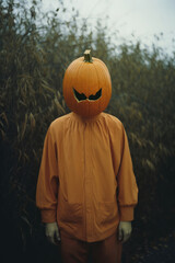 カボチャの仮面をかぶった人物、ハロウィンの夜を思わせる幻想的でユーモラスなコンセプトアート