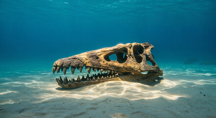 Dinosaur Skull Resting on Sandy Seabed Underwater fossil t-rex skull