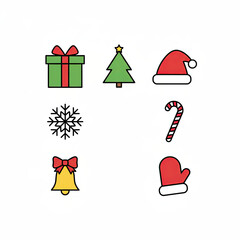 A flat design icon set of Christmas essentials including gift, tree, Santa hat, and snowflake, perfect for seasonal projects and festive designs, Ai Generate.