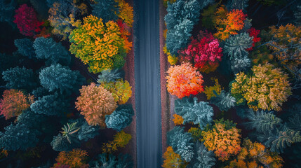 A breathtaking aerial view of a forest painted with vibrant autumn hues