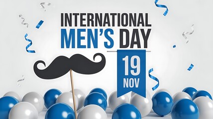 International mens day greeting with mustache and balloons isolated on white background