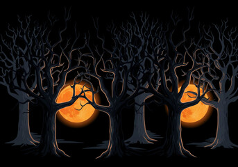 A flat design haunted forest seamless background with glowing orange moon, ideal for Halloween posters and dark spooky graphics, Ai Generate.