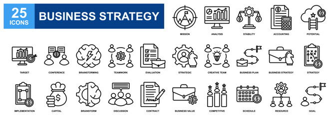 Business Strategy icon set collection. Containing design Mission, Potential, Target, Strategy, Implementation