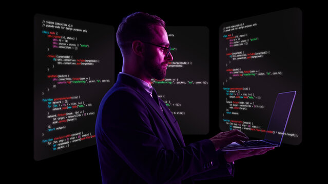 Surreal collage art. Professional software engineer in suit coding with multiple digital screens. Concept of cybersecurity, data architecture, IT management, and corporate technology leadership.