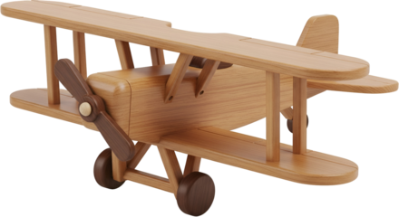 A detailed wooden biplane toy airplane, isolated on a transparent background, showcasing its classic design and craftsmanship