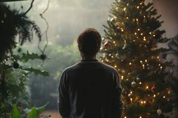 クリスマスツリーの灯りを見つめる男性、冬の静寂と温もりを描く幻想的な情景