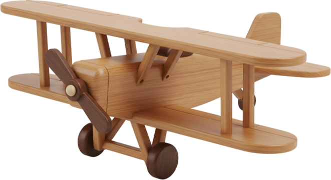 A detailed wooden biplane toy airplane, isolated on a transparent background, showcasing its classic design and craftsmanship - Powered by Adobe