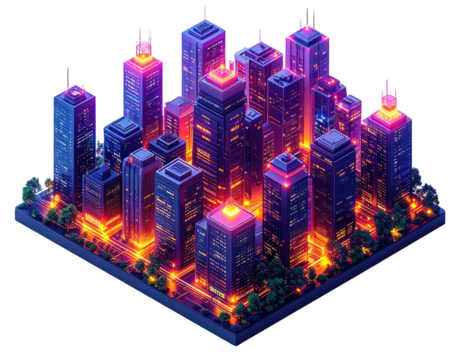 A brightly lit cityscape rendered in an isometric view against a black backdrop