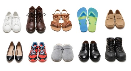 Fototapeta premium Assortment of footwear displayed on a white background showcasing various styles and colors of shoes
