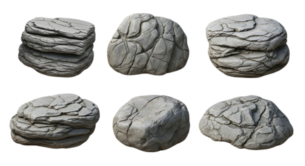 Collection of six textured grey rocks, each with unique cracks and layers, isolated on a transparent background
