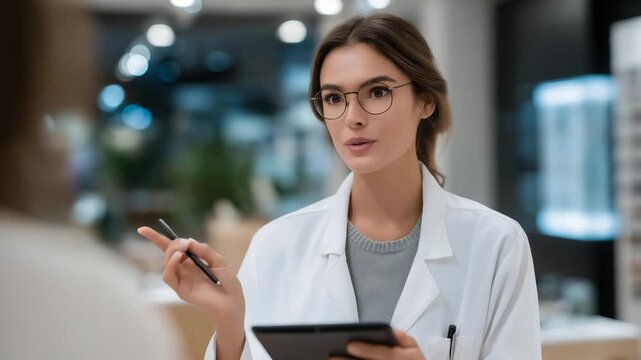An optician explaining lens options and coatings to a client using tablet-based visual aids, representing modern customer service, transparency, professionalism, and the educational side of eyewear
