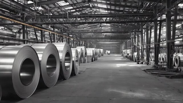 rows of giant steel coils inside a large metal factory, industrial hall with high ceiling and steel beams
