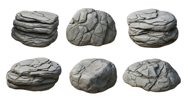 Collection of six textured grey rocks, each with unique cracks and layers, isolated on a transparent background