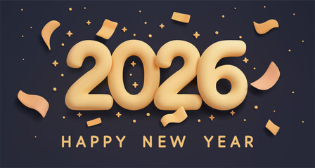 Yellow inflated balloon numbers “2026” and confetti on a dark blue background. Holiday design with “Happy New Year” lettering, for greeting cards, party invitations, posters, and seasonal banners.