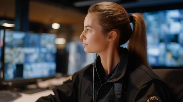 A female security officer monitoring live feeds on multiple screens, representing diversity, leadership, equality, and professionalism in the security and surveillance sector. cinematic color