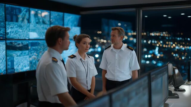 A group of controllers debriefing after shift completion in a transport office, symbolizing teamwork, performance evaluation, communication, and the continuous improvement of service quality in
