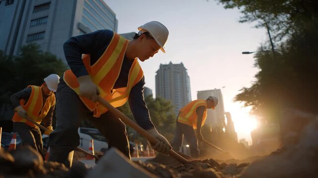 A group of municipal workers repairing roads and drainage systems after a flood, symbolizing public service, infrastructure restoration, and the essential work that restores functionality to urban