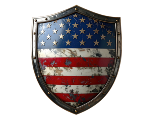 Patriotic shield, American flag design, distressed metal appearance, stars and stripes, isolated on black