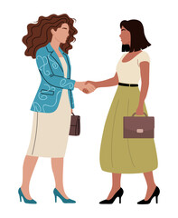Flat vector of two professional women in business attire shaking hands, minimalist modern style, clean lines, corporate meeting illustration on transparent background