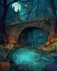 Haunted bridge in enchanting cartoon halloween landscape