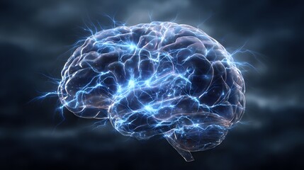 Glowing brain with electrical impulses against a dark background.