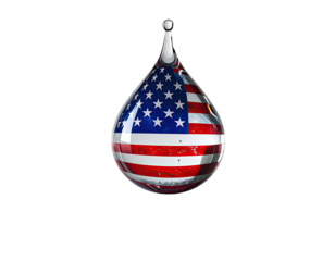Transparent water drop with the United States flag design, isolated on a black background