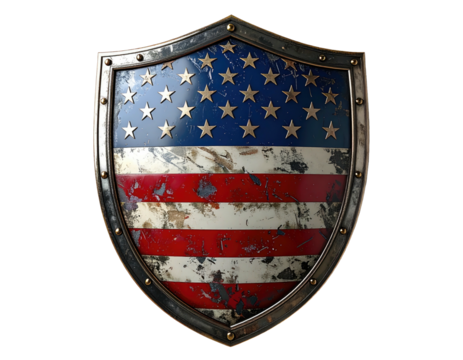 Patriotic shield, American flag design, distressed metal appearance, stars and stripes, isolated on black