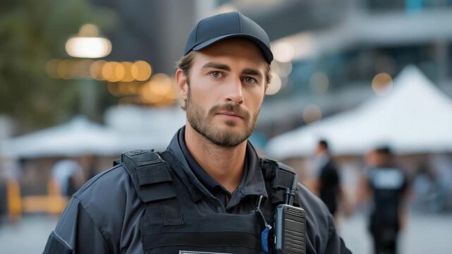 A police liaison and private security team collaborating during a crowded public event, symbolizing coordination, emergency preparedness, and teamwork between different safety services. cinematic