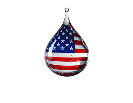 Transparent water drop with the United States flag design, isolated on a black background