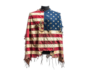 A tattered US flag hangs from a black mannequin. Red & white stripes, blue field with stars
