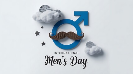 International mens day greeting card with male symbol and mustache isolated on white background