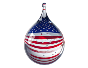 A reflective, clear water droplet, with the USA's stars and stripes pattern within it