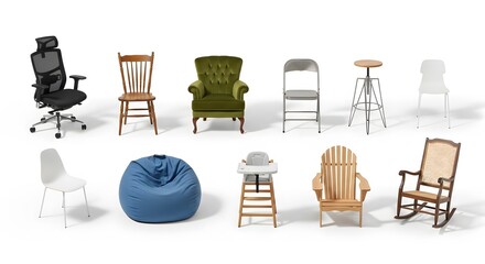 Assortment of different types of chairs arranged on a white background in a studio setting