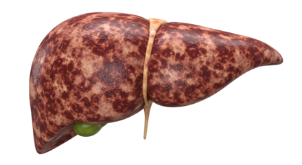 A realistic 3d illustration of a diseased human liver, isolated on transparent background