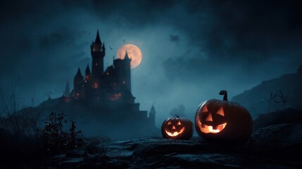 Haunted castle and evil pumpkin in dark Halloween background