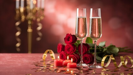 Champagne roses candles celebration romance love anniversary valentine's day romantic holiday background