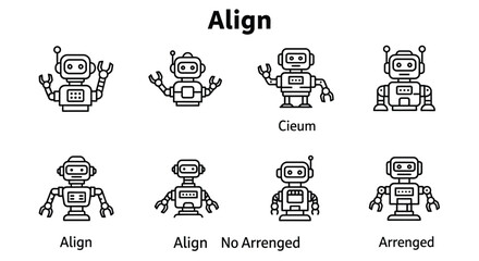 Cute cartoon robots arranged in rows demonstrating alignment and ordering concepts visually vector