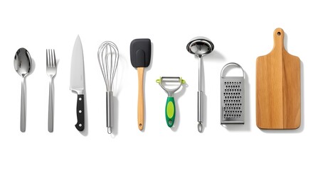 Fototapeta premium An overhead shot of kitchen utensils including a spoon fork knife and other cooking equipment items