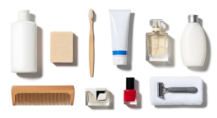 Obraz premium Overhead view of bathroom essentials on a white background including toiletries and grooming items
