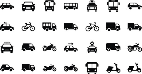 Collection of diverse transportation vehicle icons including cars buses trucks motorcycles and scooters isolated on transparent background