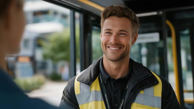 A male inspector in a reflective vest issuing a fine or explaining travel rules, representing responsibility, fairness, professionalism, and adherence to public transportation regulations.