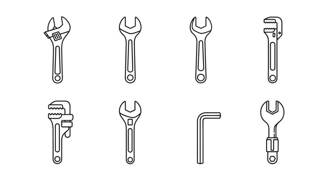 Set of assorted wrenches and tools line drawing for mechanical or diy projects vector