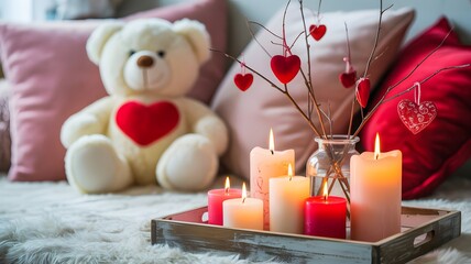 Teddy bear hearts candles love valentine romance gift present decoration celebration cozy soft